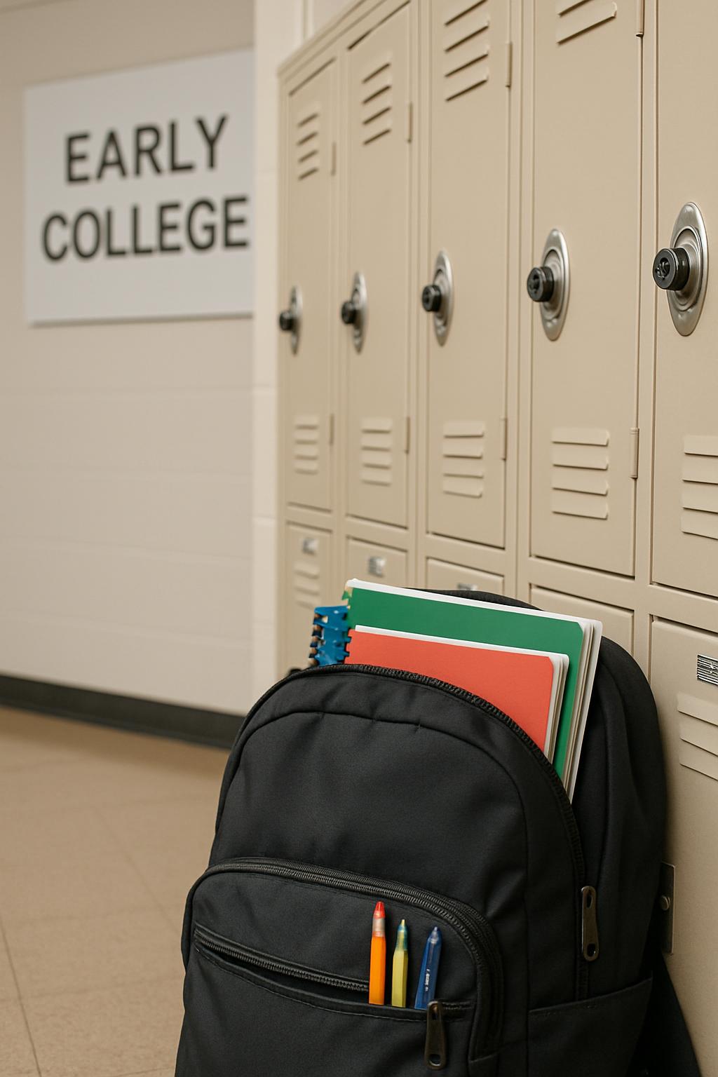 A black backpack with school supplies leaning against a row of beige lockers, in the background is a white sign with the w...
