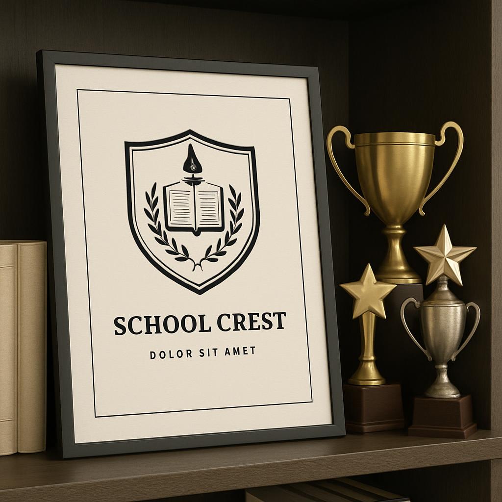 A mockup of a school crest surrounded by awards and books shown in a frame.