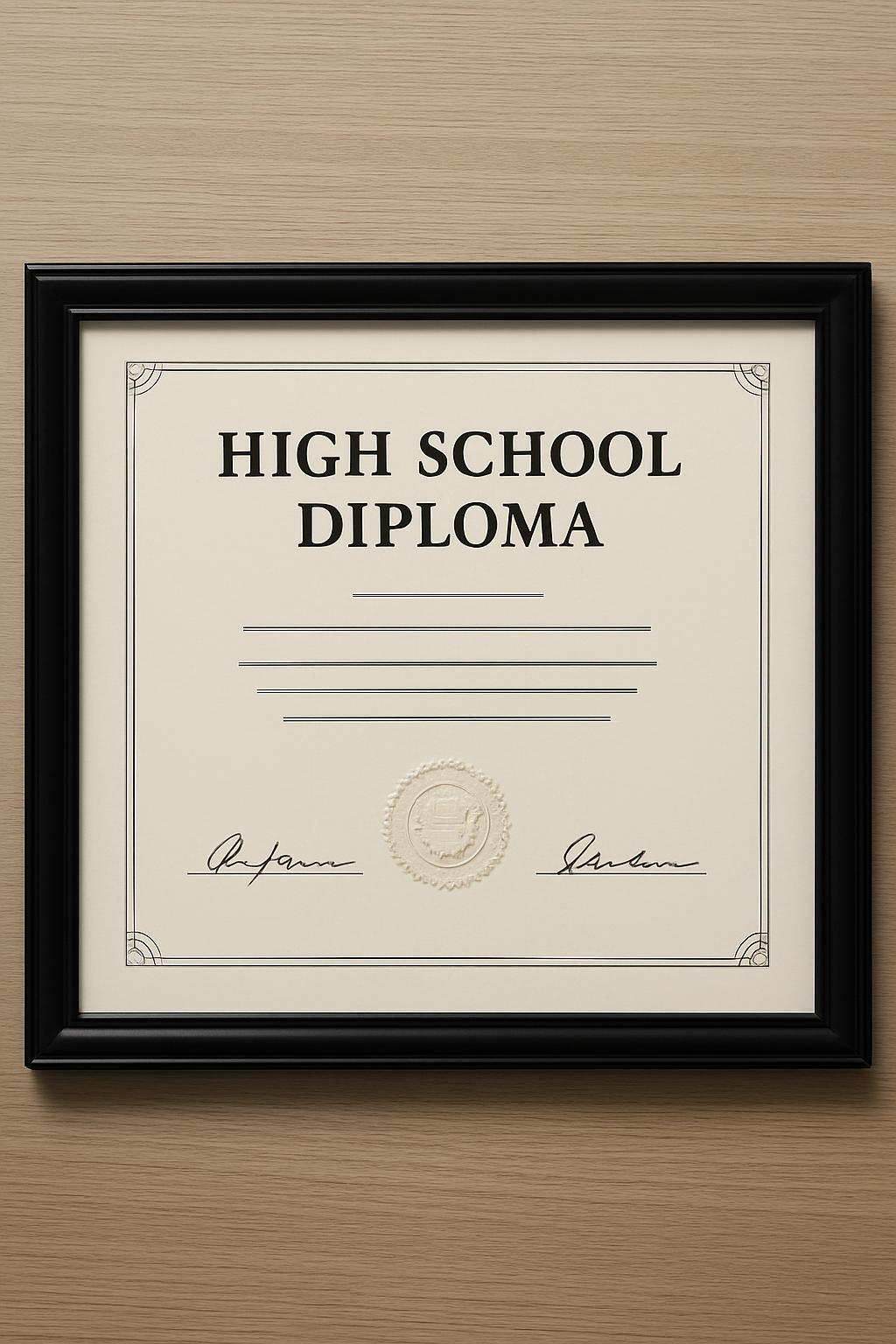 "High School Diploma Certificate Framed Behind Glass a Realistic Wood Grained Surface"